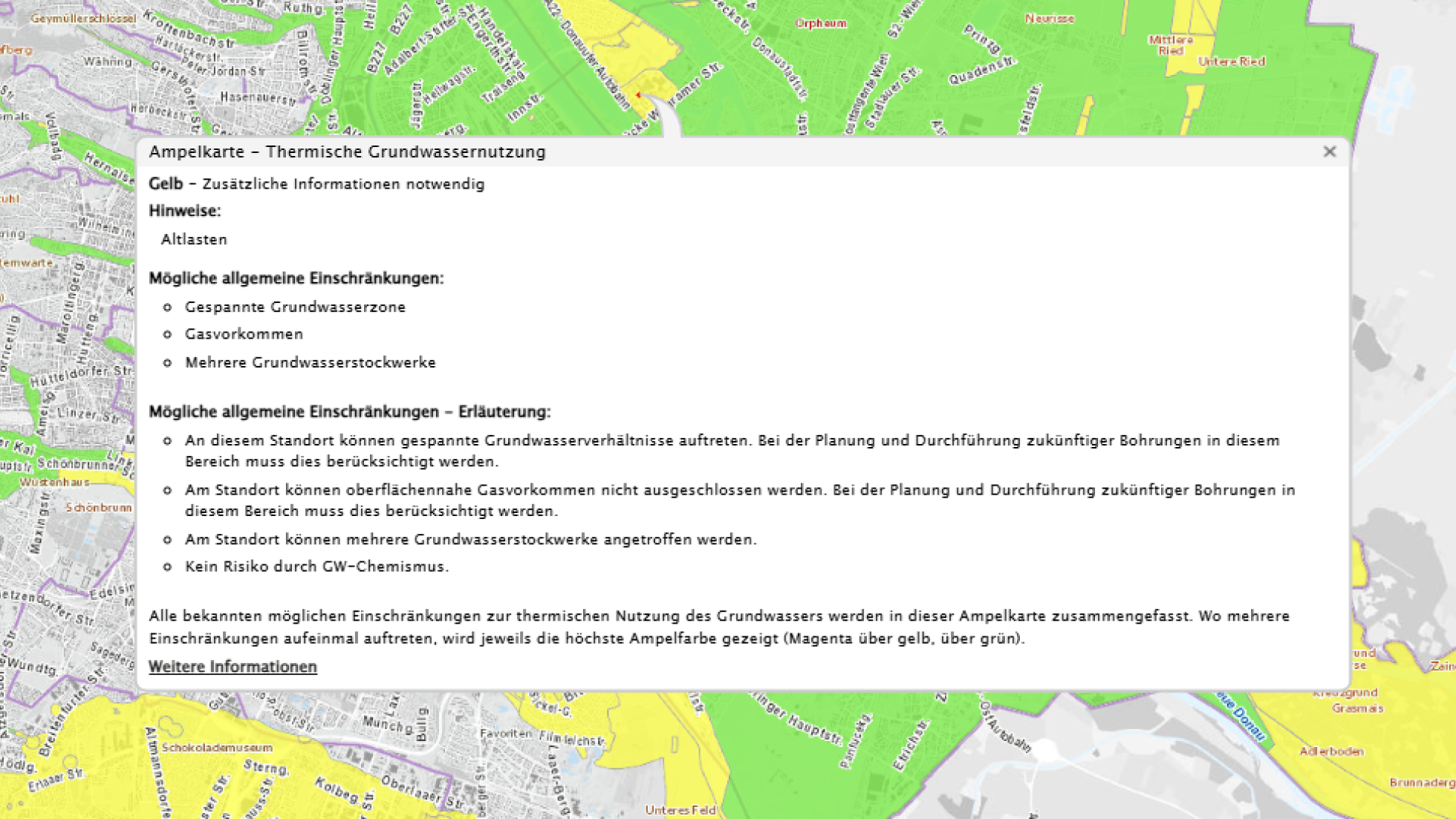 Ausschnitt aus der Ampelkarte mit eineblendetem Hinweis