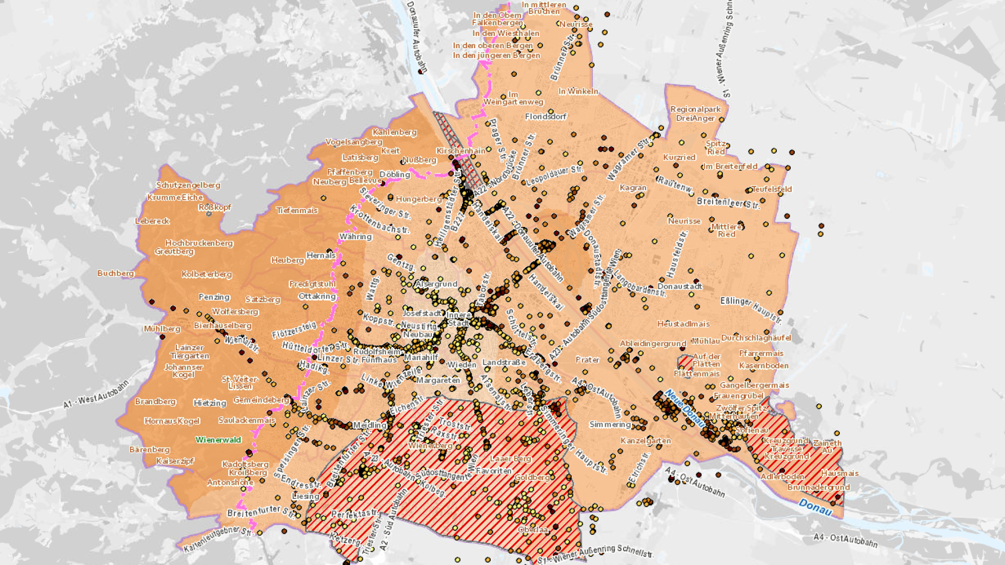 Ausschnitt aus dem Stadtplan mit eingezeichneter Wärmeleitfähigkeit