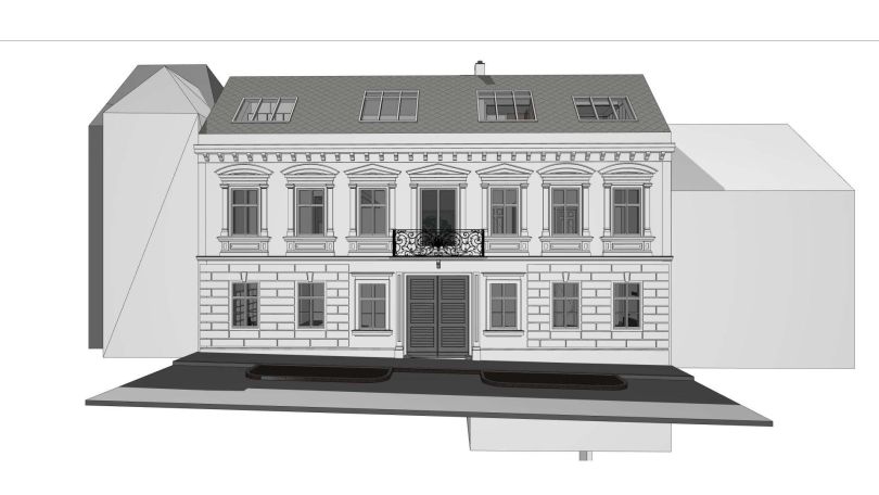 Planansicht der Fassade eines sanierten Gründerzeithauses.