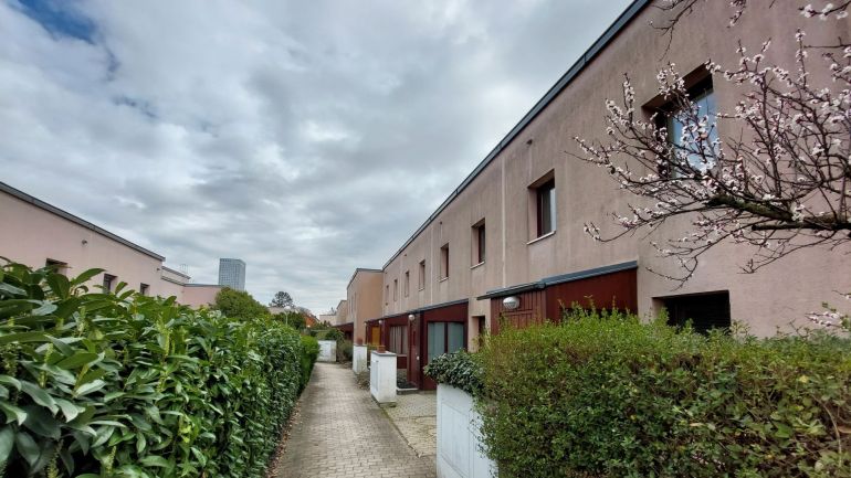 copyright: GESIBA Reihenhaussiedlung, in der Mitte ein Weg und Sträucher.