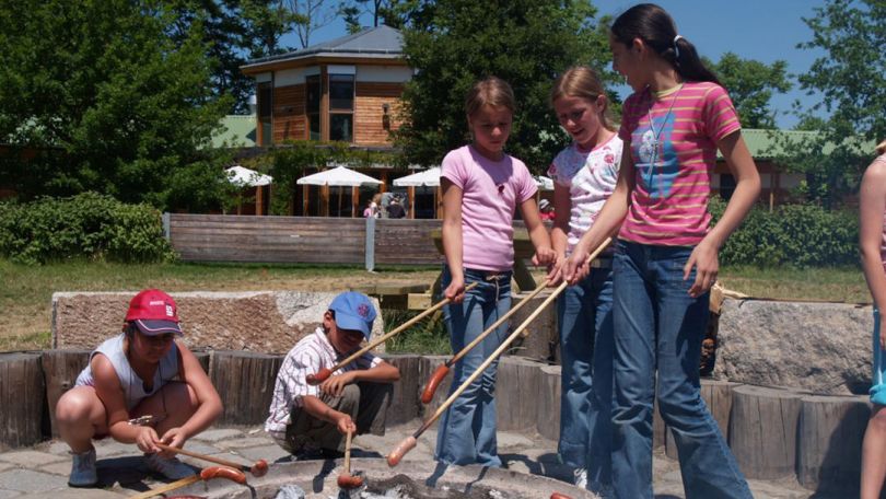 5 Kinder braten Würste am Lagerfeuer