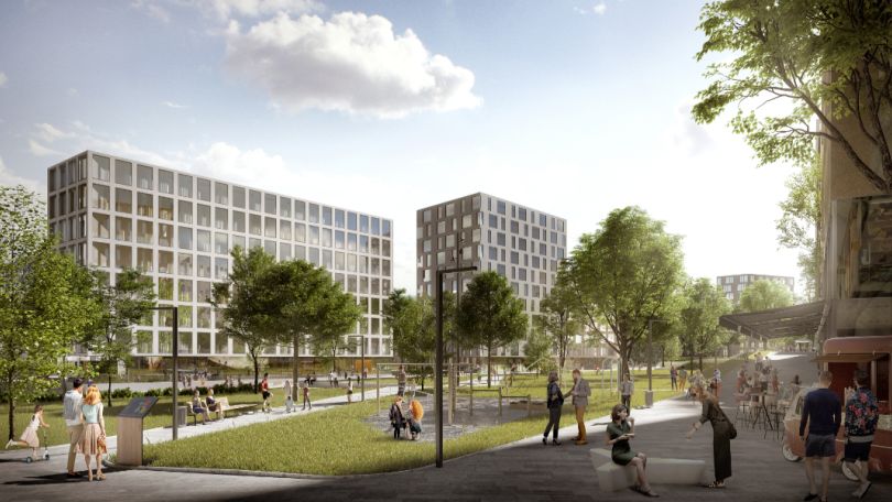 Rendering Grünfläche zwischen Wohngebäuden mit Bäumen