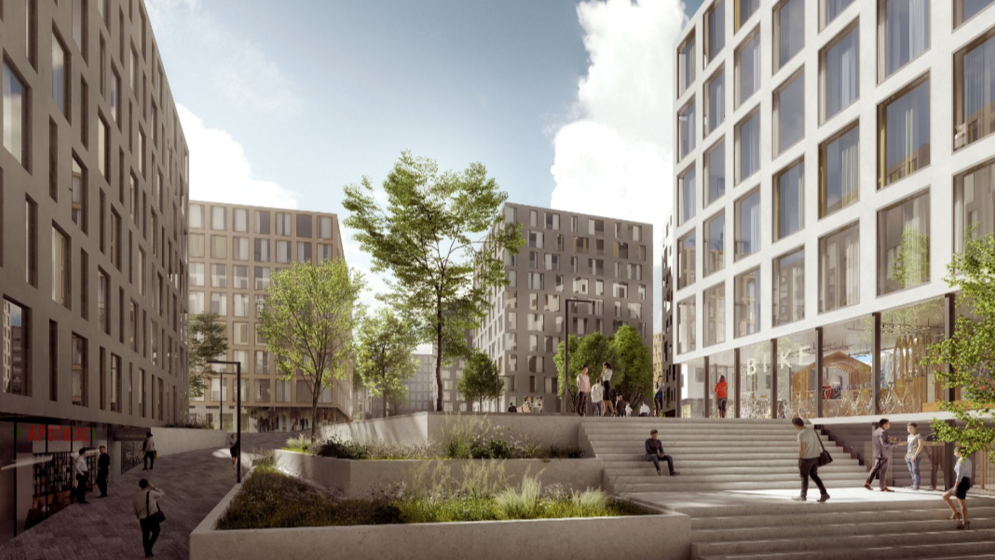 copyright: Superblock ZT GmbH Rendering Wohngebäude dazwischen Stufen mit kleinen Grünflächen und Bäume