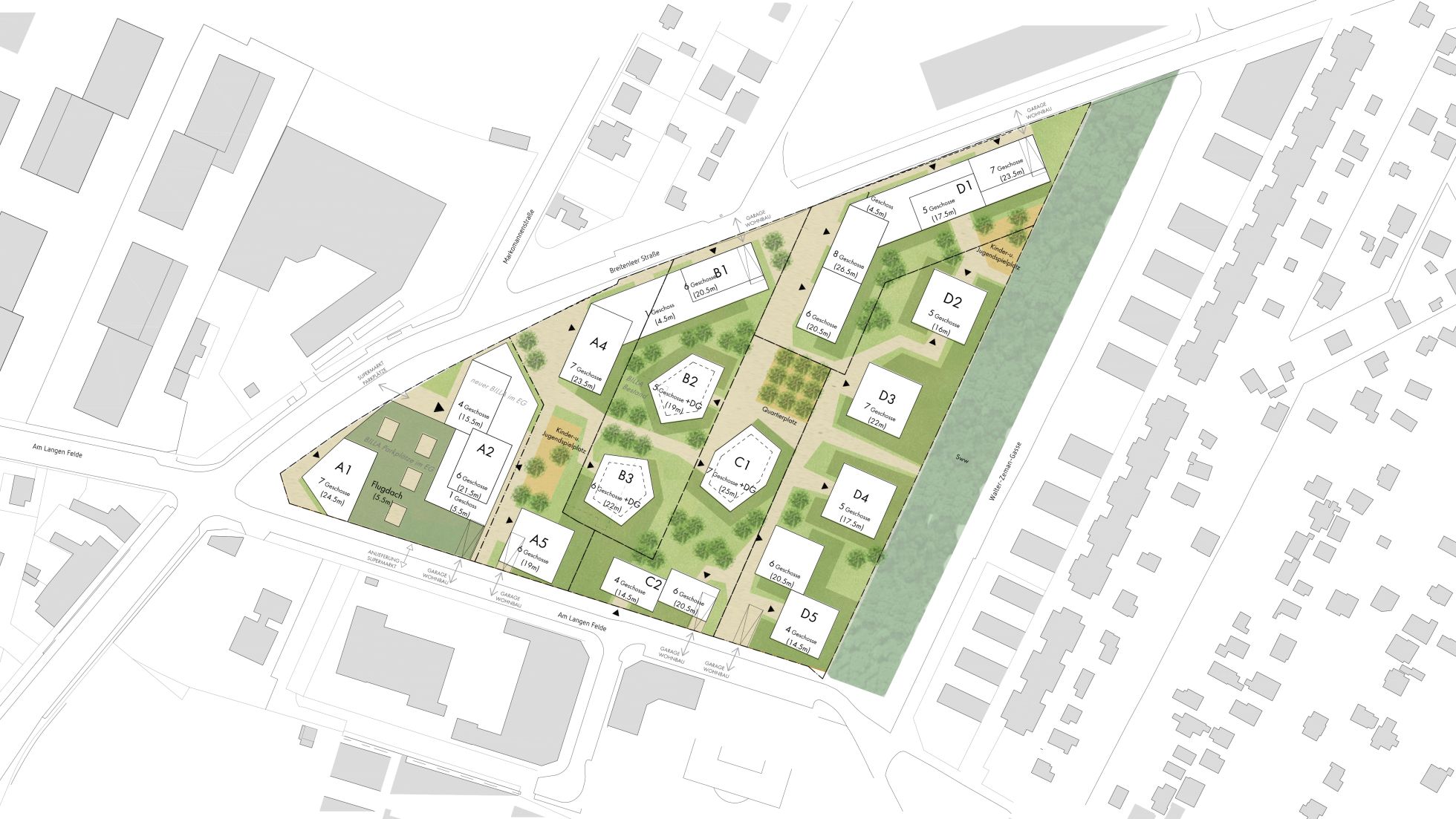 Lageplan mit Grünflächen, Bäumen und Gebäuden