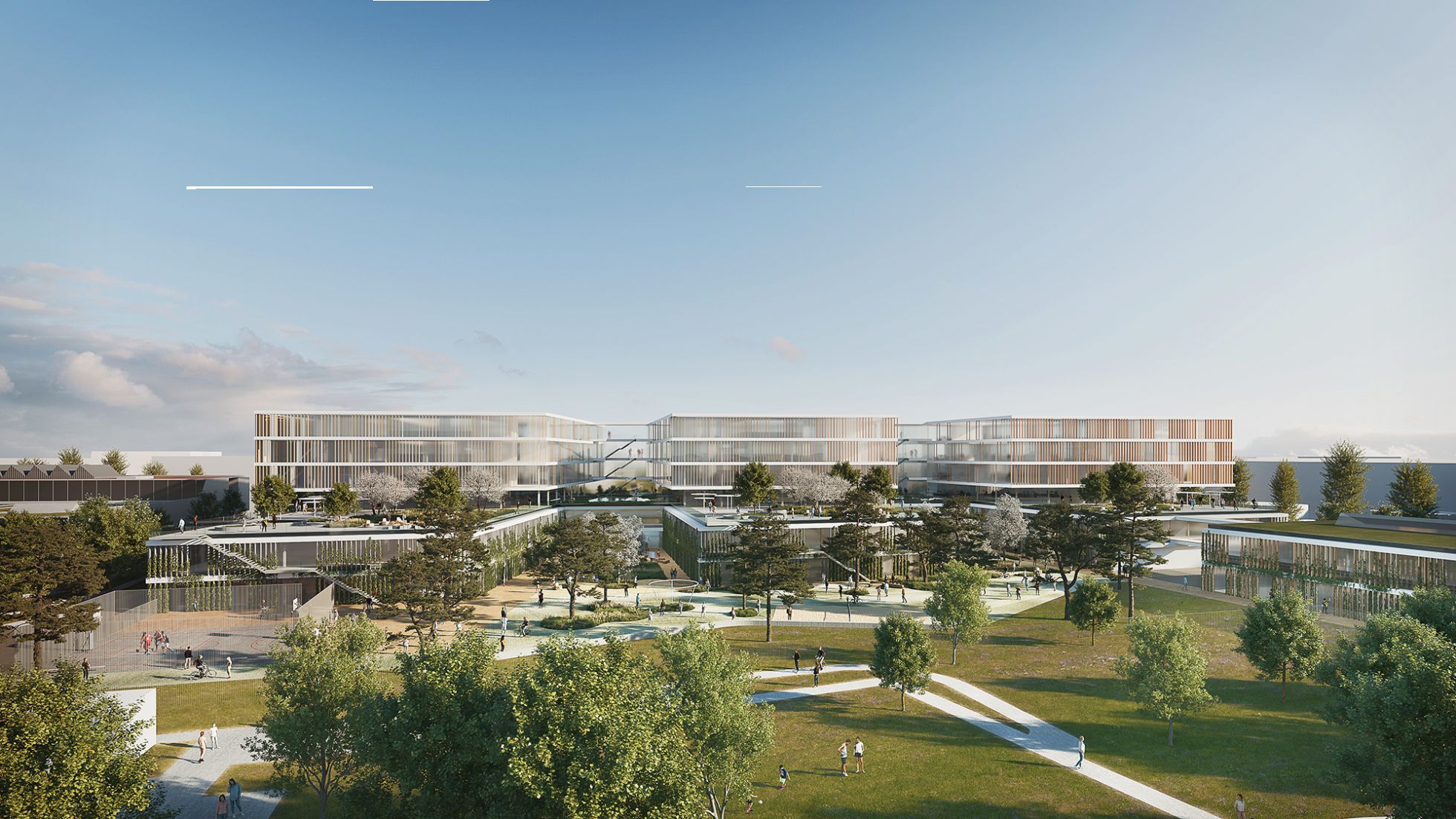 Rendering: moderner Schulkomplex, Garten, spielende Kinder