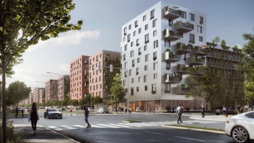 copyright: Superblock Rendering Wohnhaus an Straßenkreuzung