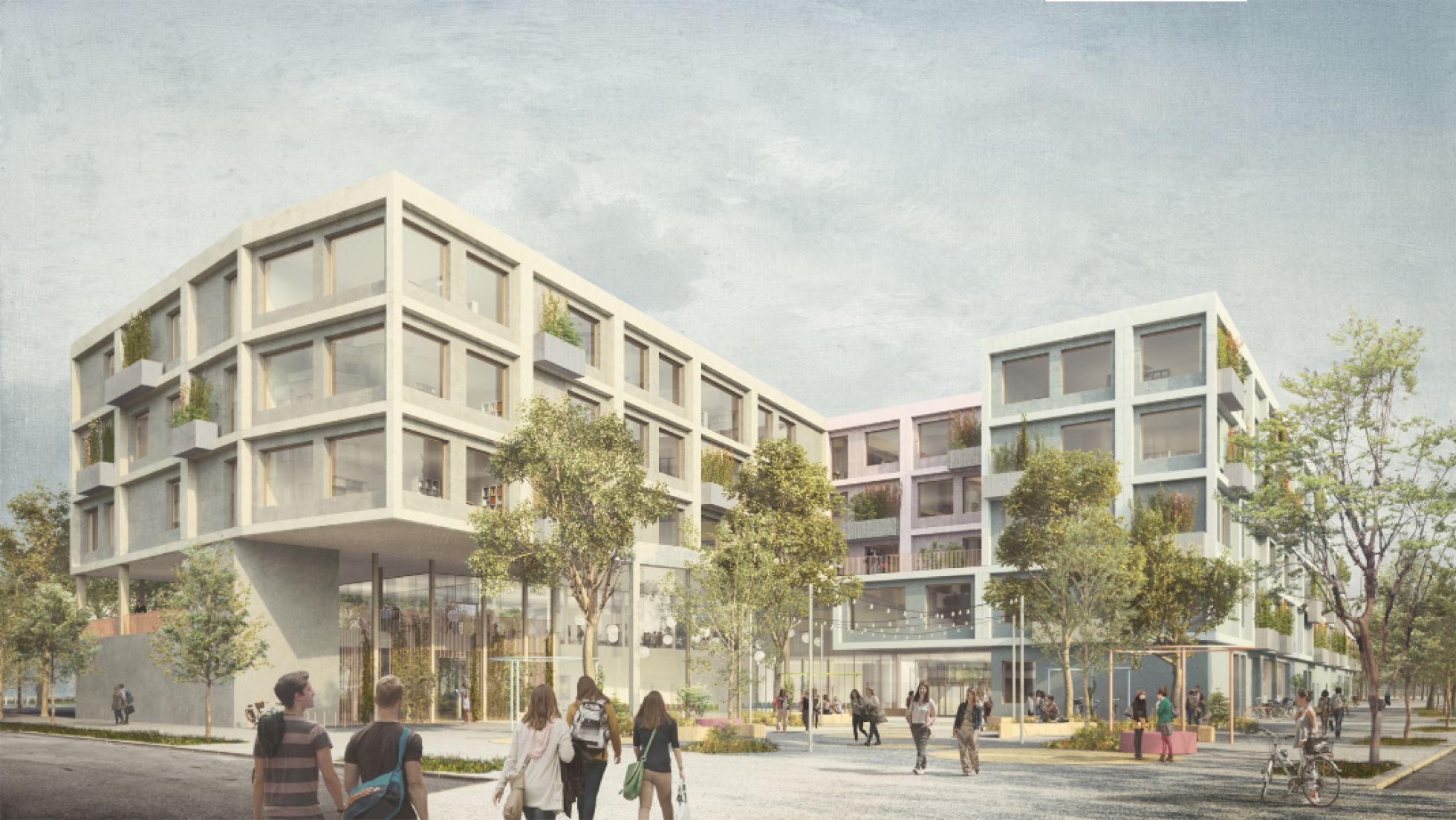 copyright: AKF ZT GmbH Rendering eines modernen Gebäudes mit Vorplatz und Bäumen