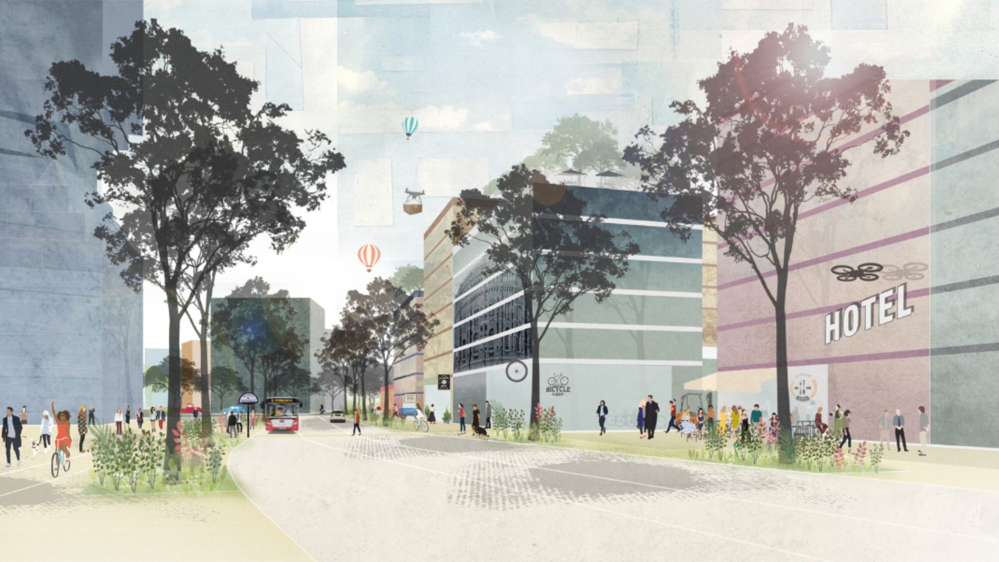 Schematische Darstellung Wohnhäuser, Hotel, Straße, Grünflächen mit Bäumen, Menschen