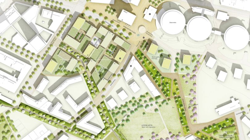 copyright: Carla Lo Landschaftsarchitektur & BWM Architekten Das Gebiet von oben mit Grünflächen und Bäumen