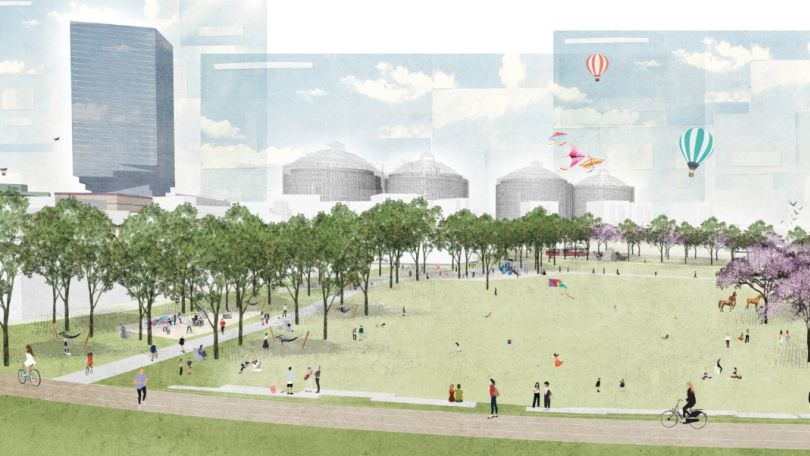 Schematische Darstellung, große Rasenfläche, umrandet von Bäumen