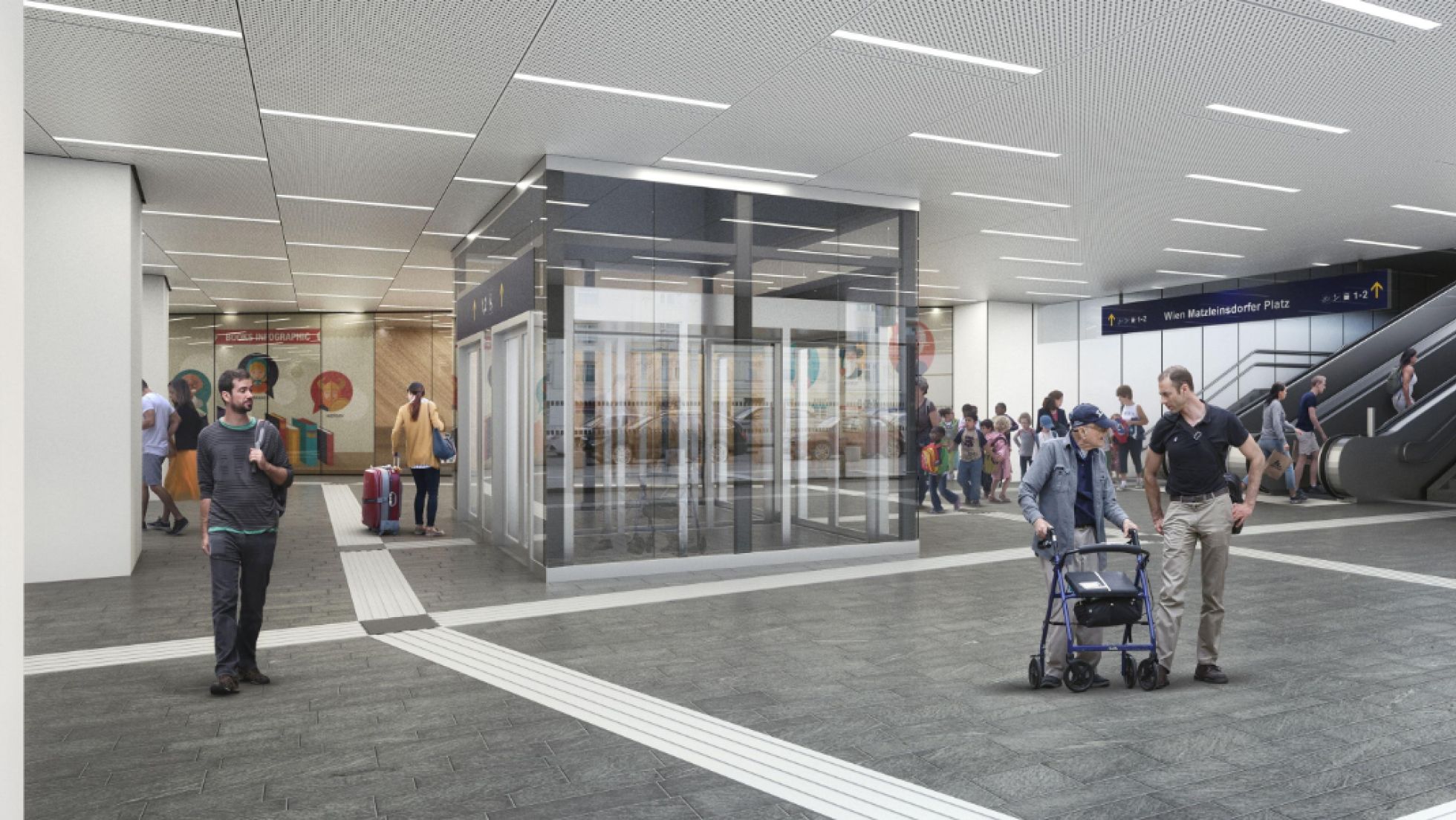 Rendering, graue moderne Halle, gläserner Aufzugschacht, Rolltreppen, Leitsystem für Blinde