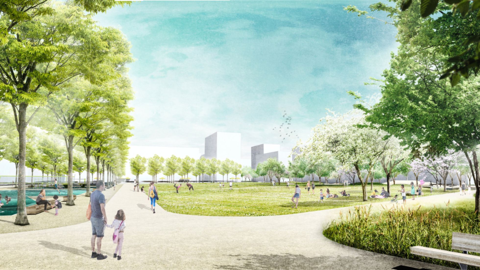 copyright: Carla Lo Rendering große Wiese, umrahmt von Bäumen, Sitzmöglichkeiten