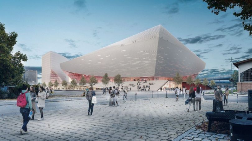 copyright: Kronaus Mitterer Gallister Gebäude in Form einer geschwungenen Pyramide, am Platz davor Menschen