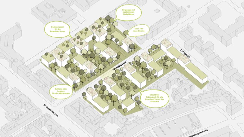 Grafische Darstellung Häuser, Baumbestand und Neupflanzungen