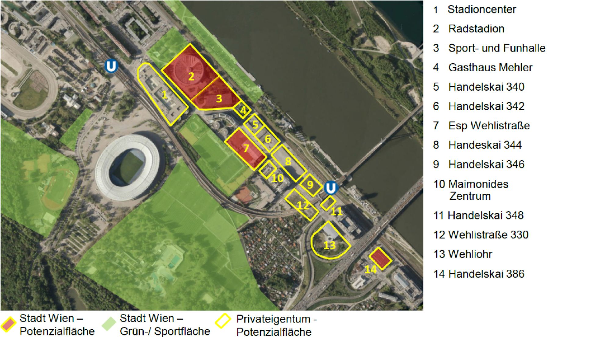 Luftbildaufnahme mit Kennzeichnung der verschiedenen Flächen