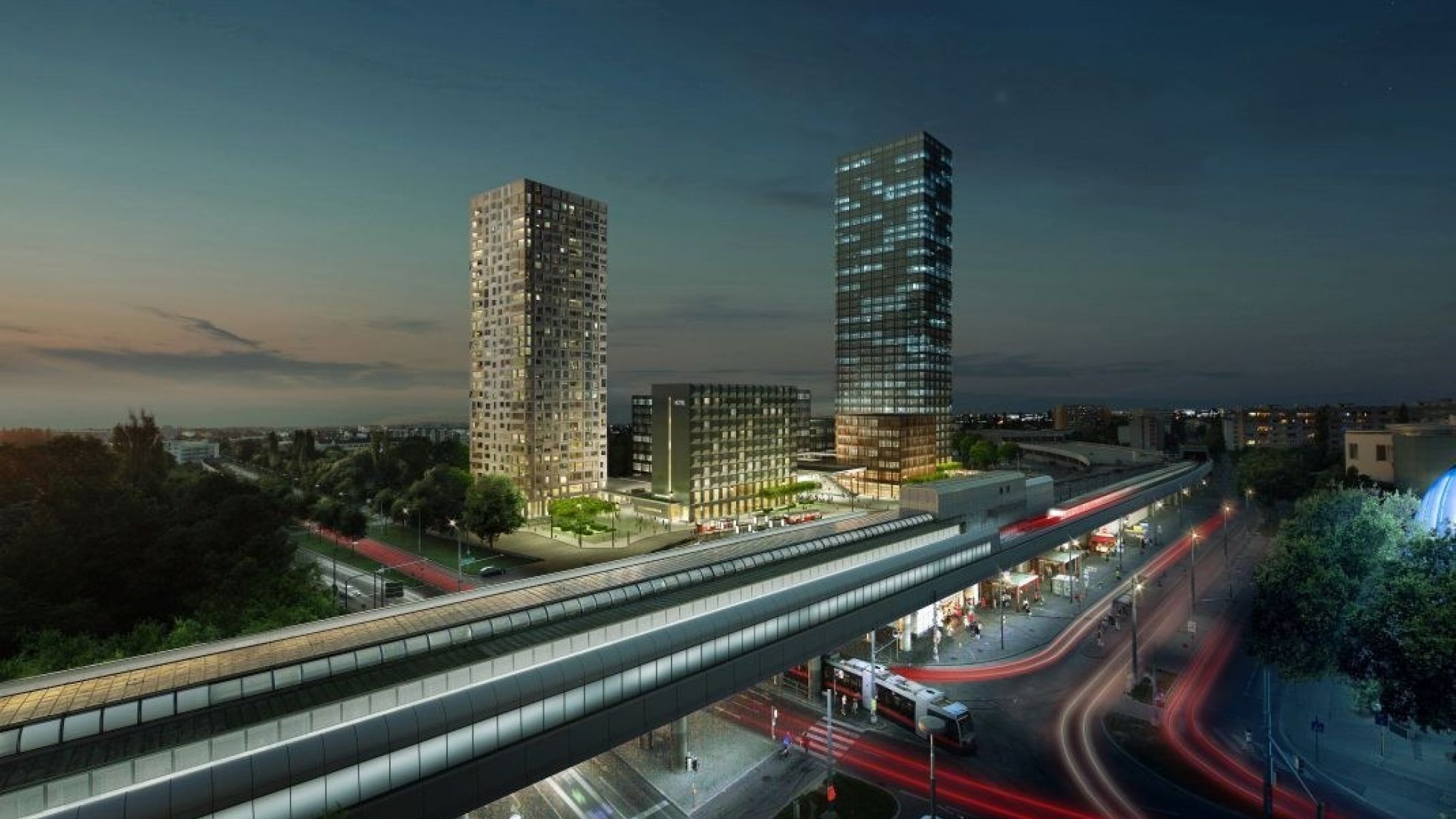 Visualisierung von Hochhäusern neben U-Bahn-Brücke