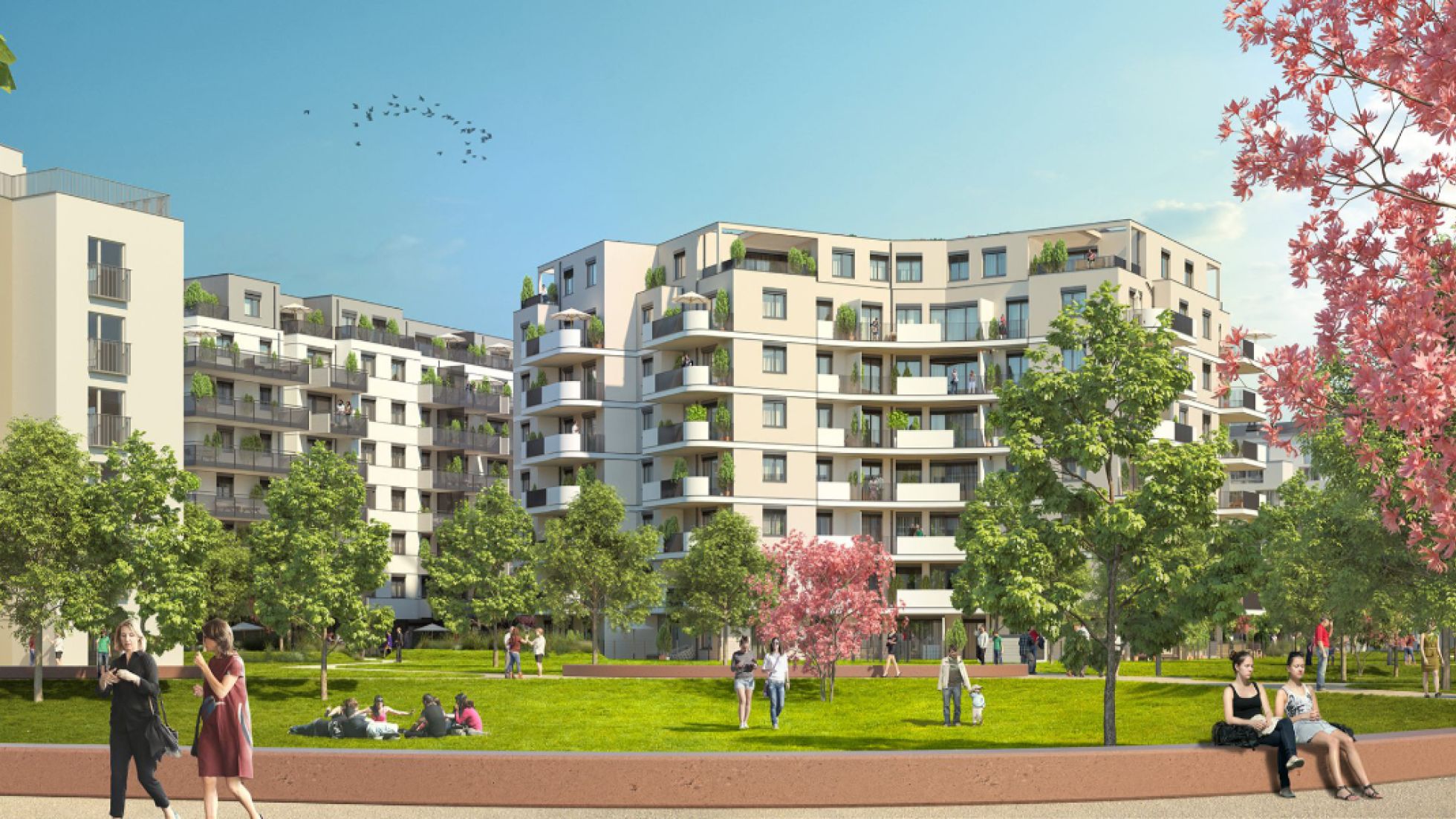 copyright: ZIMA Holding AG Rendering Wohngebäude, Park, Kirschblütenbäume