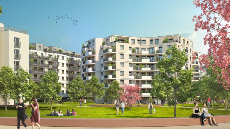 Rendering Wohngebäude, Park, Kirschblütenbäume