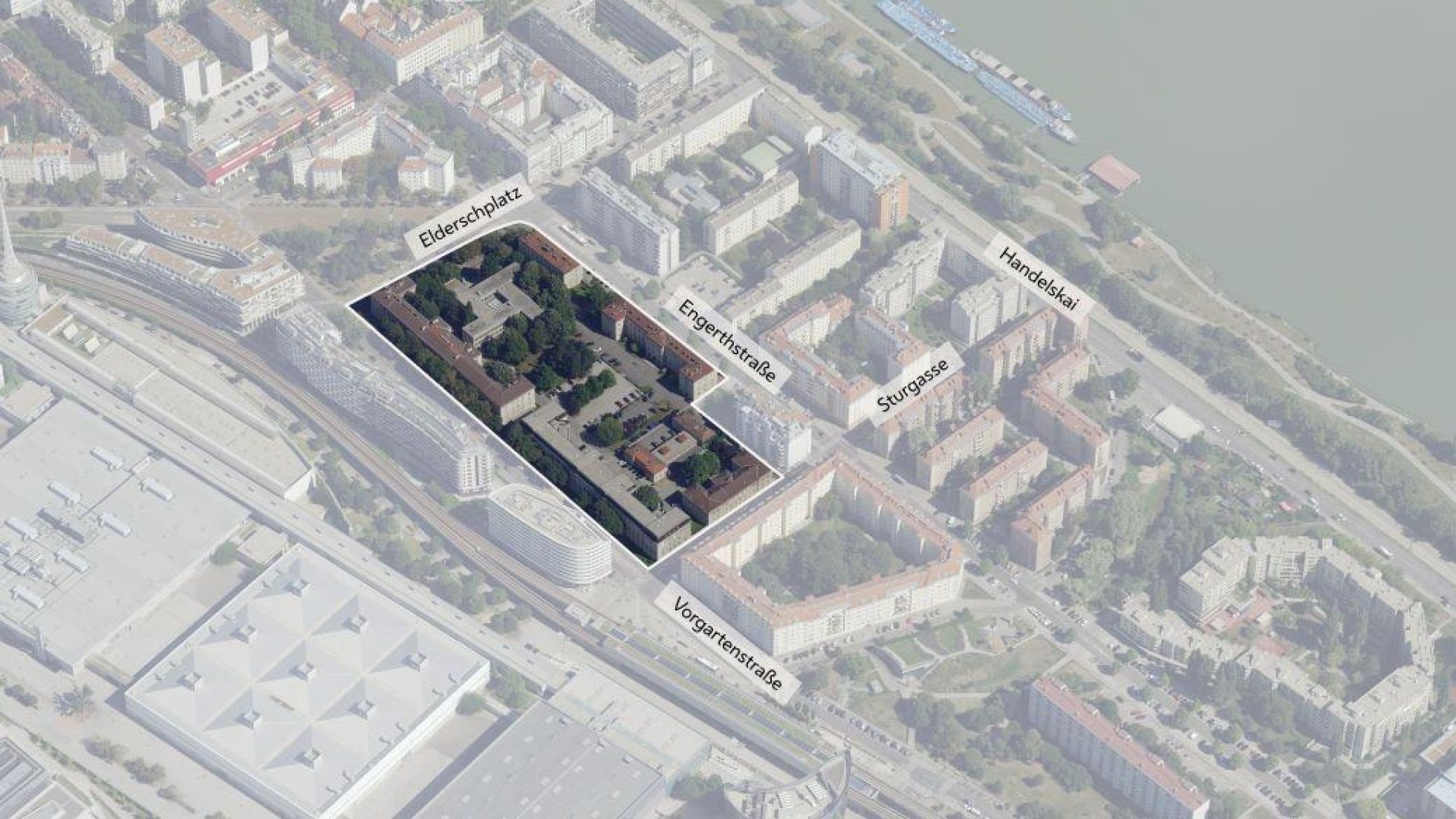 copyright: Stadt Wien/ViennaGIS Schrägluftbild mit Abgrenzung des Bearbeitungsgebiets