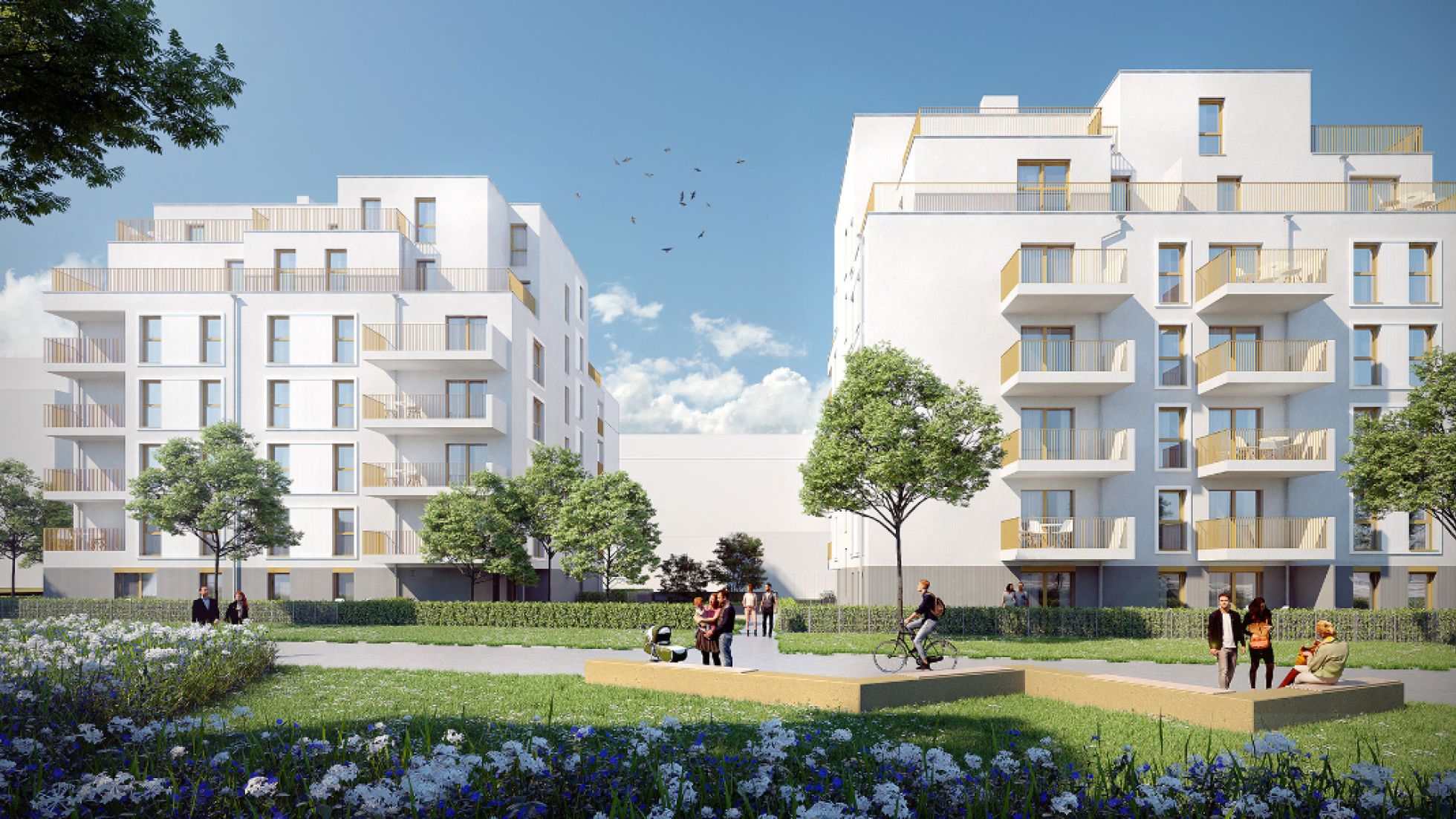 copyright: Architekturbüro Knötzl Rendering Ansicht zwei weiße Wohngebäude