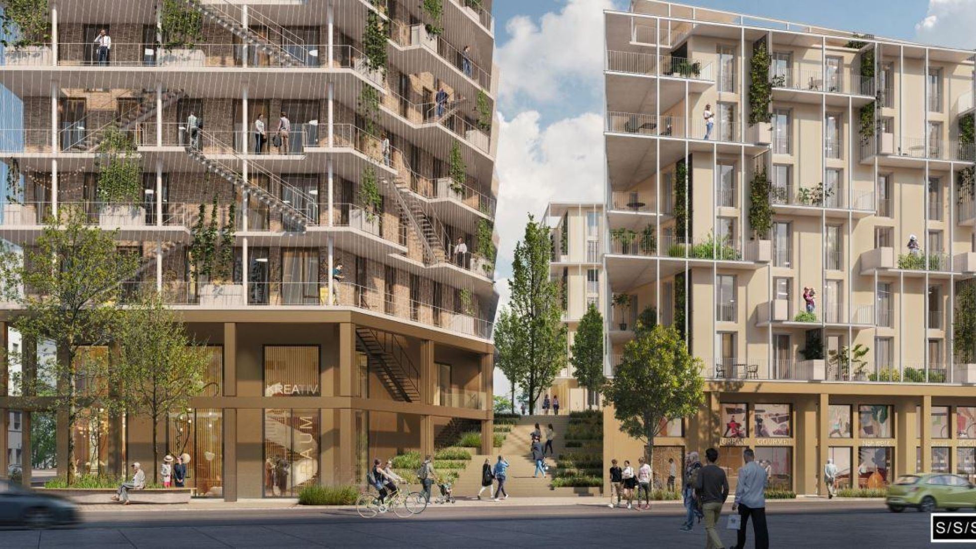 Visualisierung von 2 modernen Wohngebäuden mit Balkonen