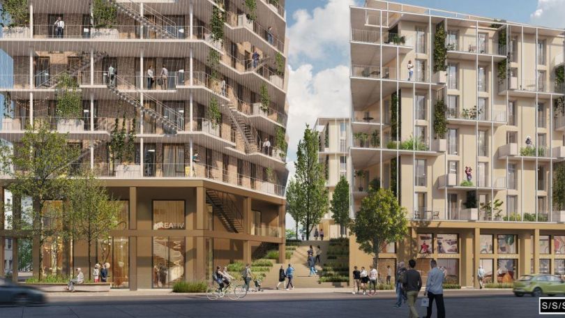 Visualisierung von 2 modernen Wohngebäuden mit Balkonen