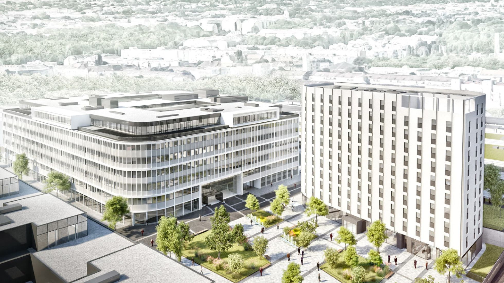 Rendering des Leopold-Ungar-Platzes umgeben von Büro- und Wohnbauten