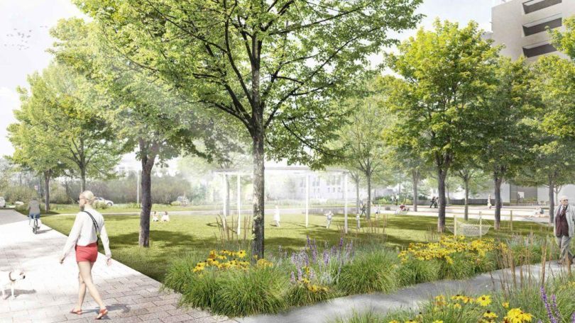 copyright: DnD Landschaftsplanung / wup ZT / g.o.y.a ZT Visualisierung, Park, Wege, im Hintergrund ein Wohnbau