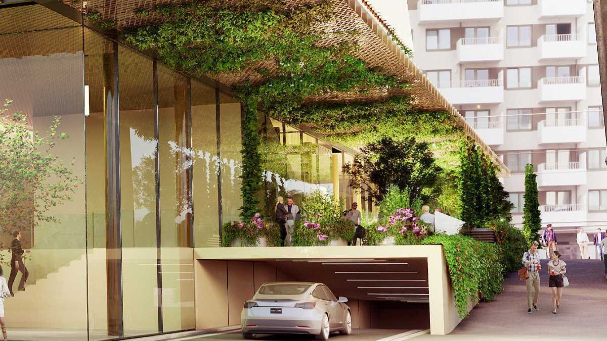 Visualisierung der Erdgeschoßzone mit Pflanzen hinter einer Glas-Fassade und Garageneinfahrt