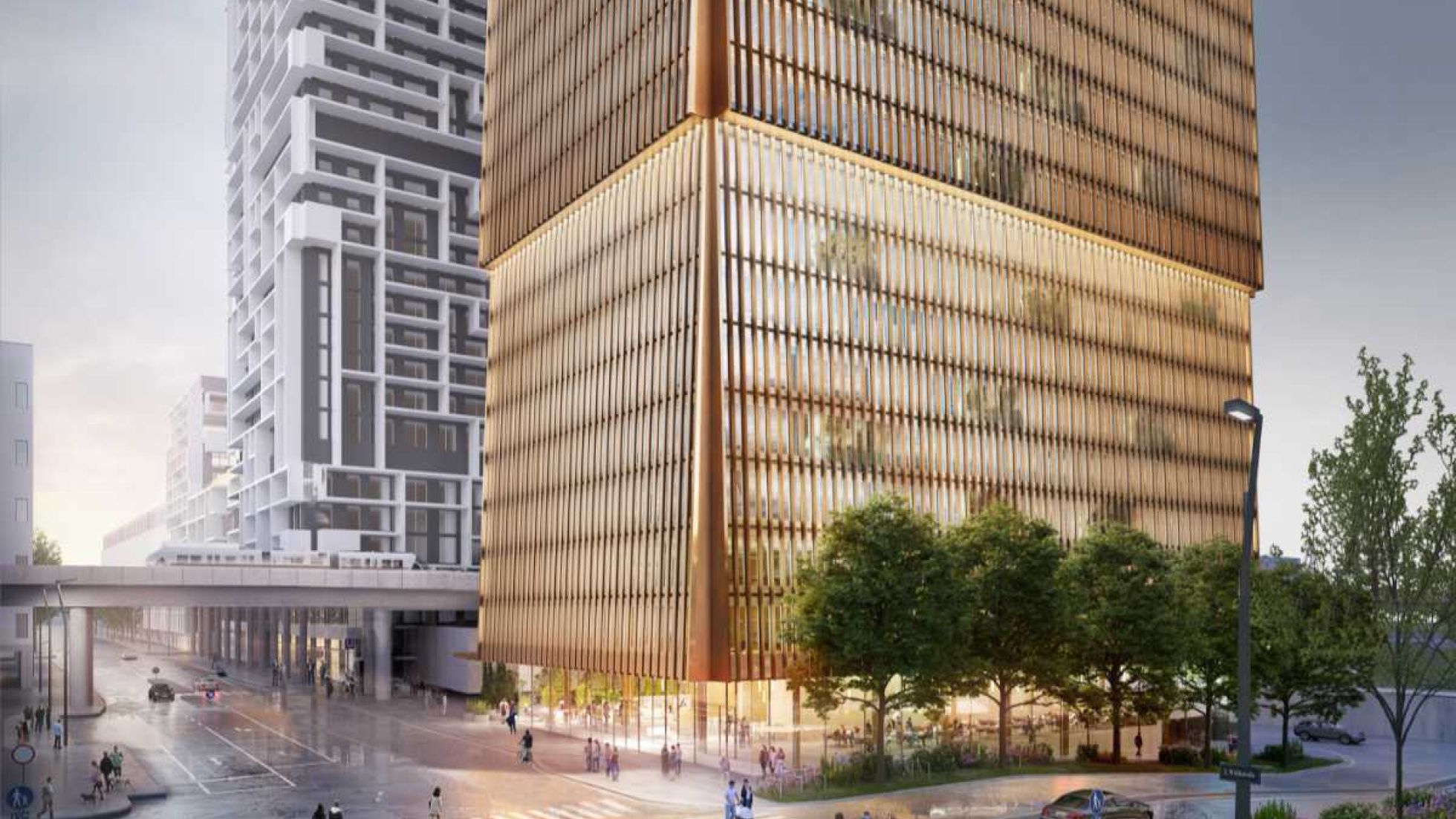 Visualisierung eines beleuchteten Hochhauses samt Vorplatz mit Bäumen