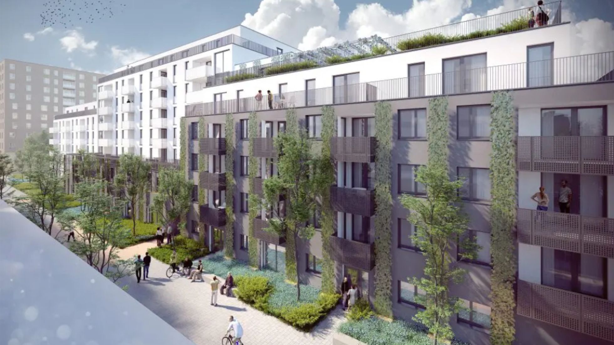 Rendering Wohnhäuser mit Balkonen und teils begrünter Fassade, Fuß- und Radweg, Grünflächen und Bäume