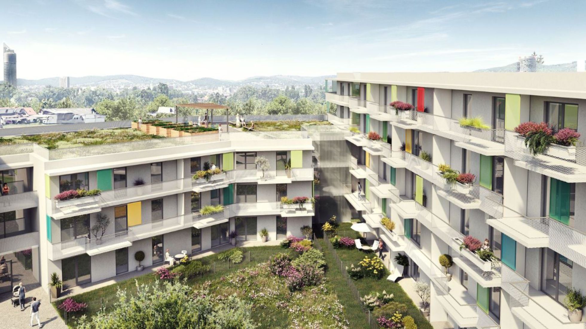 Rendering Wohngebäude dreigeschoßig mit Dachterrasse und Hochbeeten