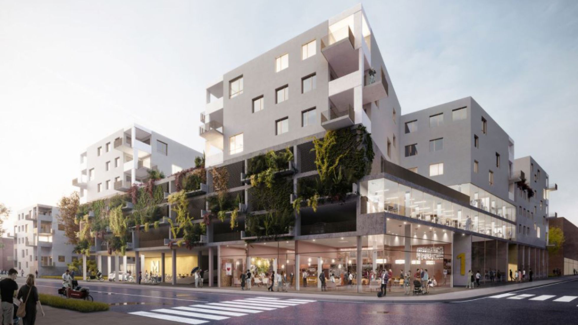 Rendering Wohngebäude an Straßenecke mit Geschäft im Erdgeschoß