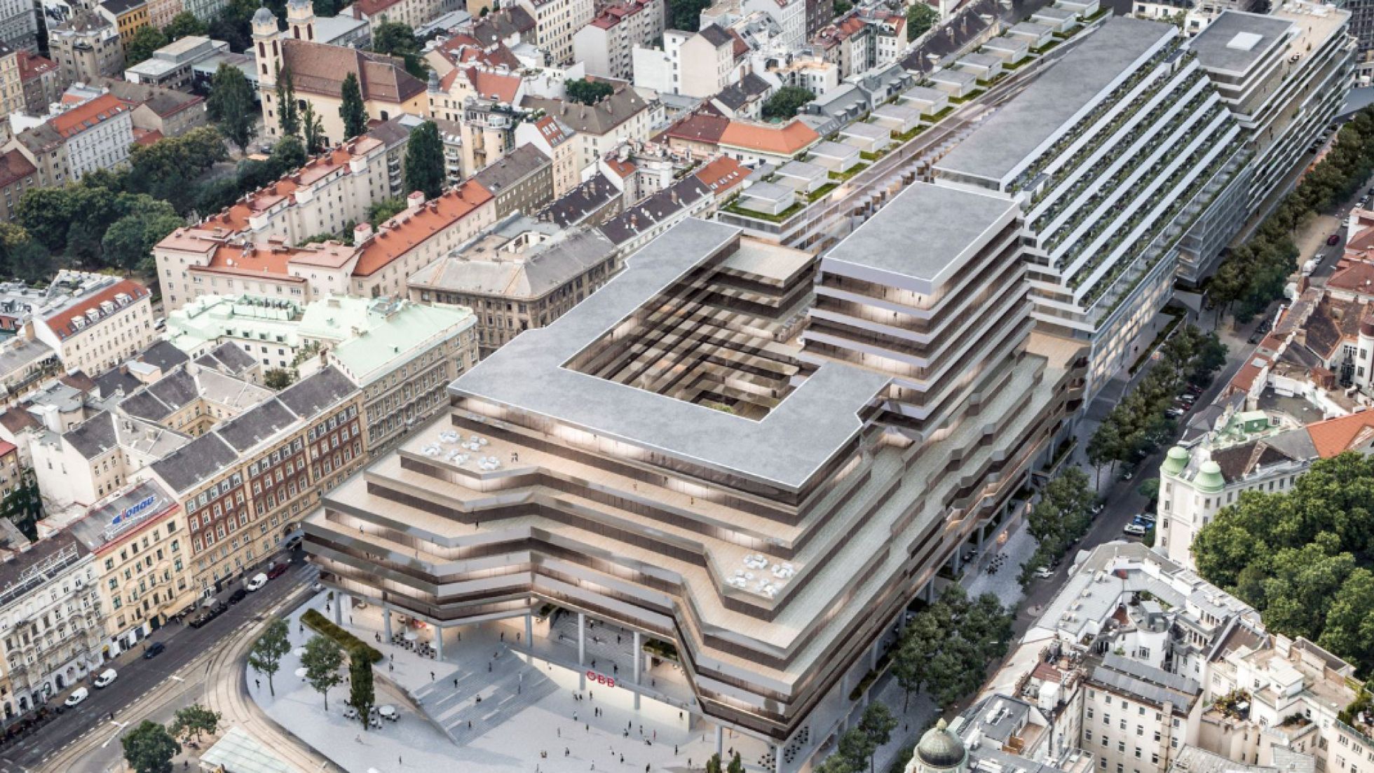 Rendering des Gebäudes von oben mit Terrassenförmigen Geschoßen