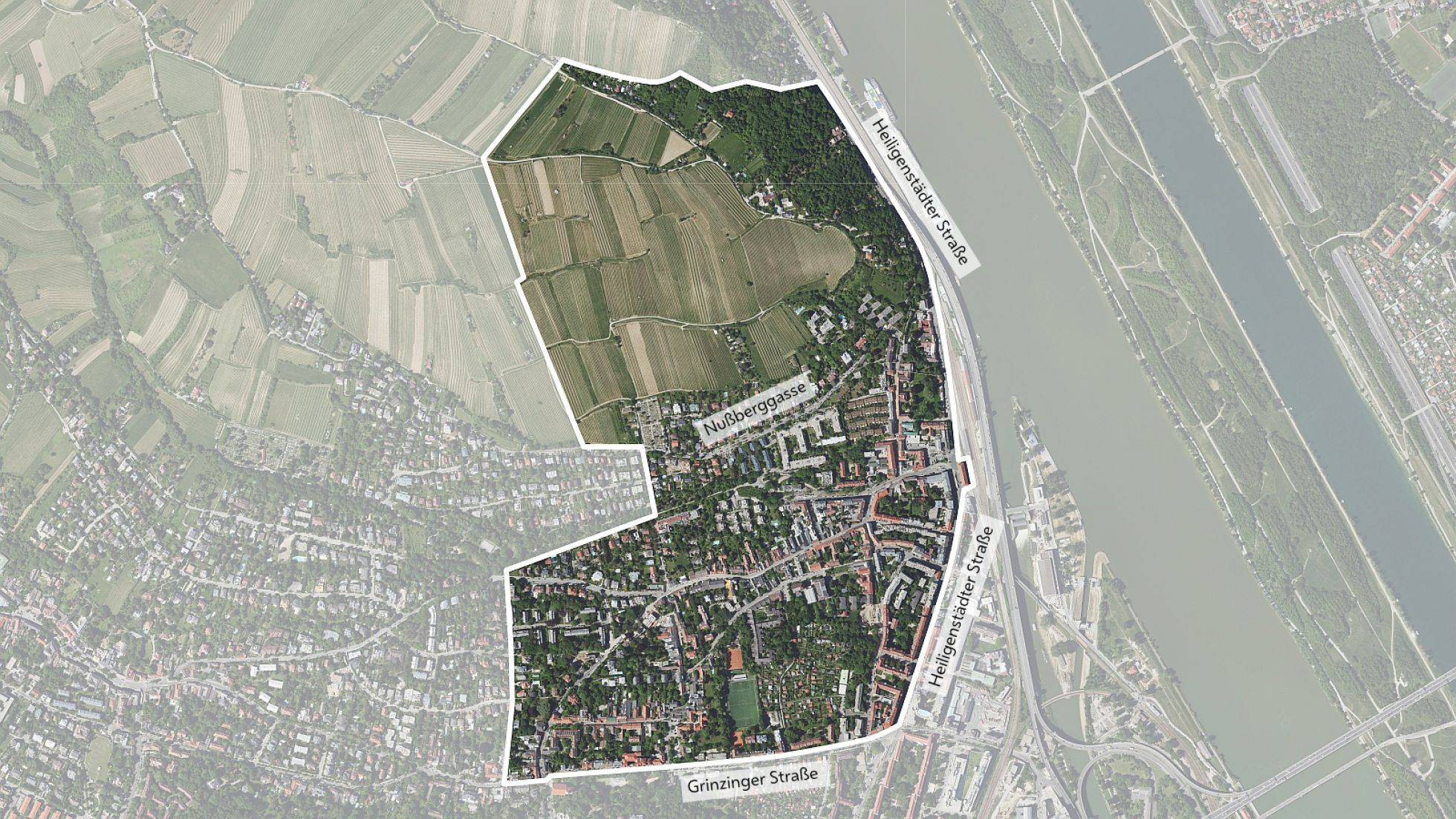 copyright: Stadt Wien/ViennaGIS Luftbild mit Abgrenzung des Bearbeitungsgebiets