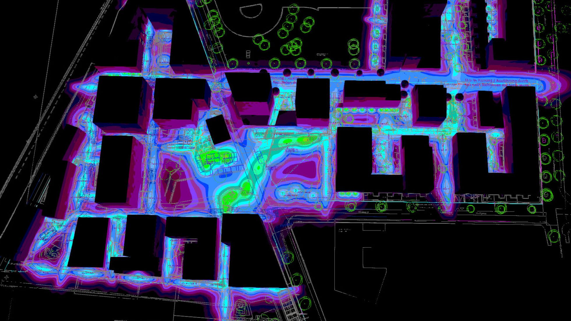 copyright: lightzone / Andreas Zoufal Visualisierung eines Platzes mit Gebäude und mathematischen Zeichnungen zeigt Beleuchtungskonzept