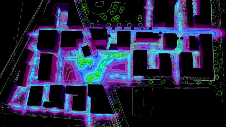copyright: lightzone / Andreas Zoufal Visualisierung eines Platzes mit Gebäude und mathematischen Zeichnungen zeigt Beleuchtungskonzept