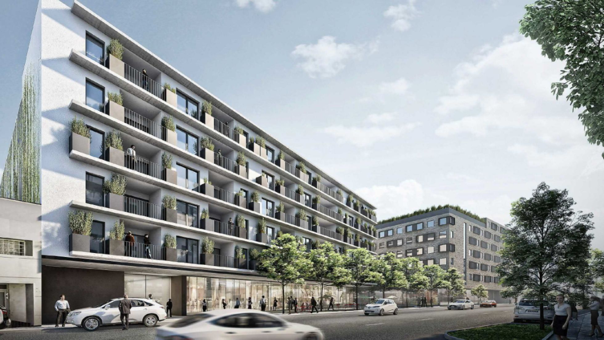 Rendering modernes Wohngebäude mit Baumreihe auf Vorplatz