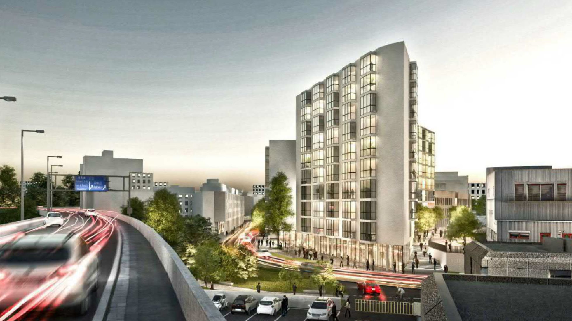 Rendering hohes Gebäude mit beleuchteten Fenstern, daneben Stadtautobahn
