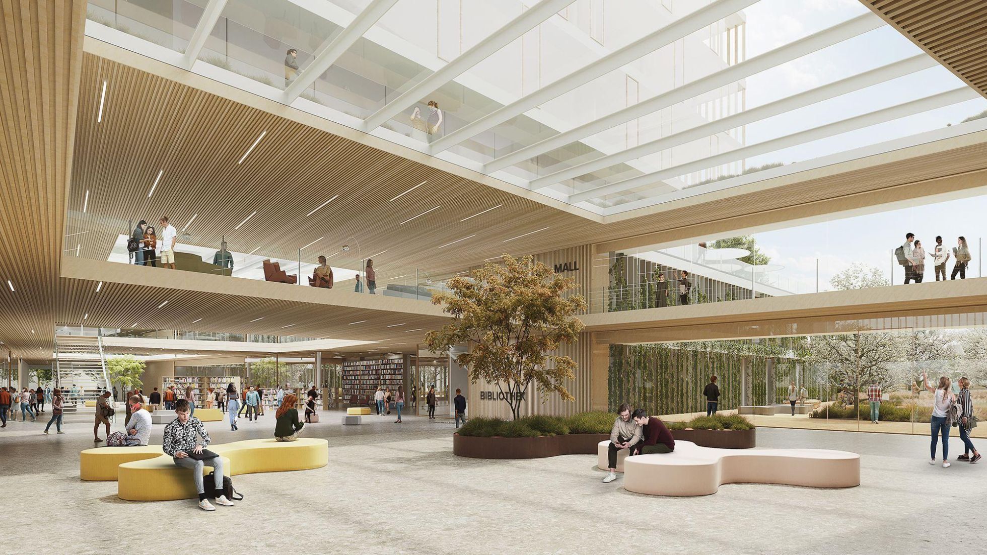 Rendering: großes, offenes Erdgeschoß mit Sitzmöglichkeiten und Pflanzgefäßen