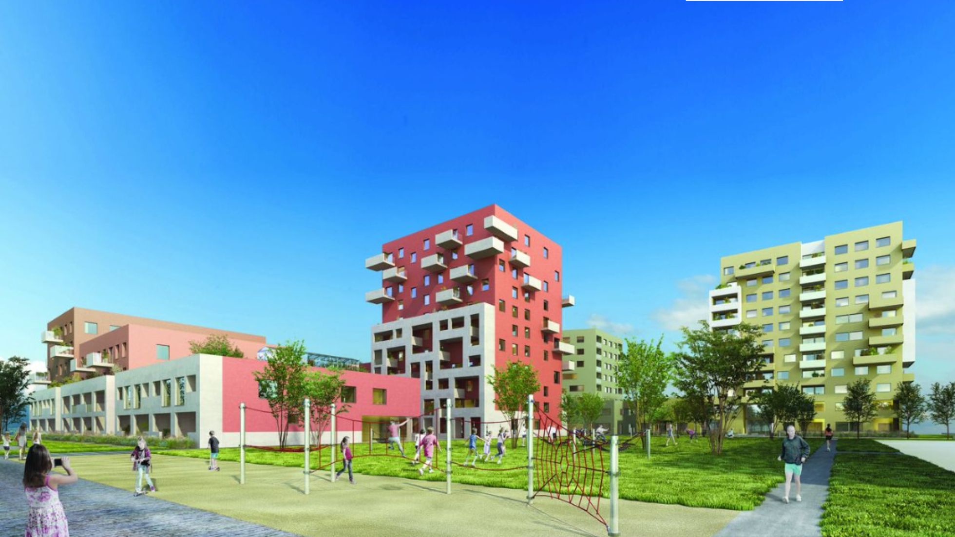 Rendering Wohnprojekt "Nebenan" mit 3 Gebäuden