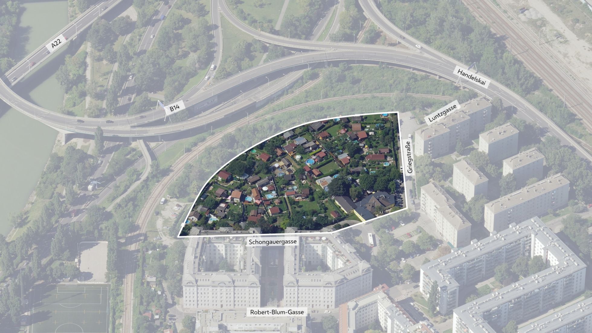 copyright: Stadt Wien/Stadtplan3D Schrägluftbild mit Abgrenzung des Projektgebietes