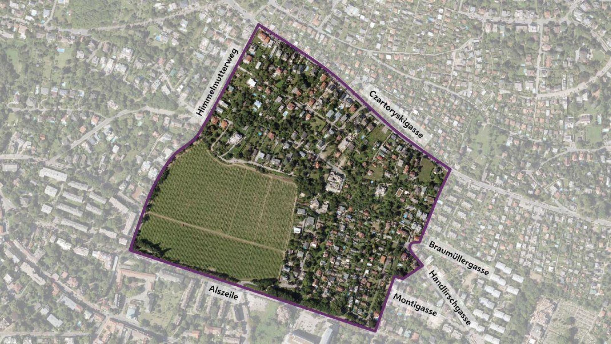 copyright: Stadt Wien/Geodaten Luftbild mit Abgrenzung des Bearbeitungsgebiets