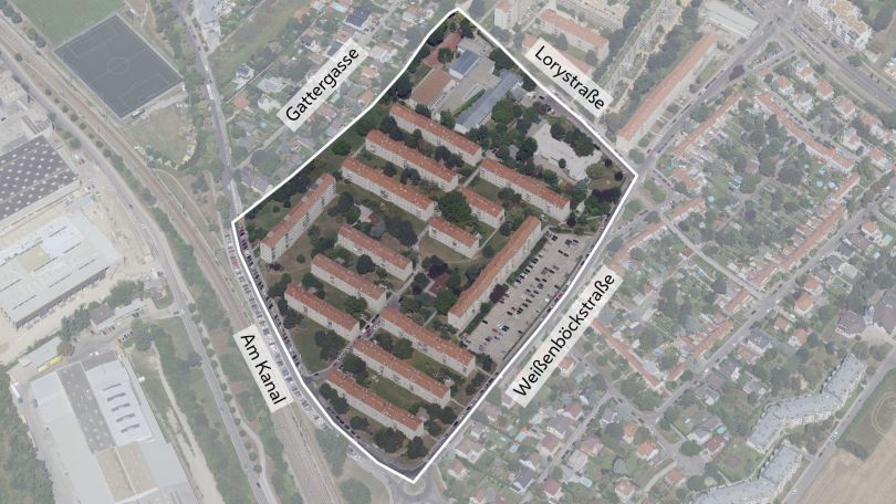 copyright: © Stadt Wien/Stadtplan3D Schrägluftbild mit Gebietsabgrenzung