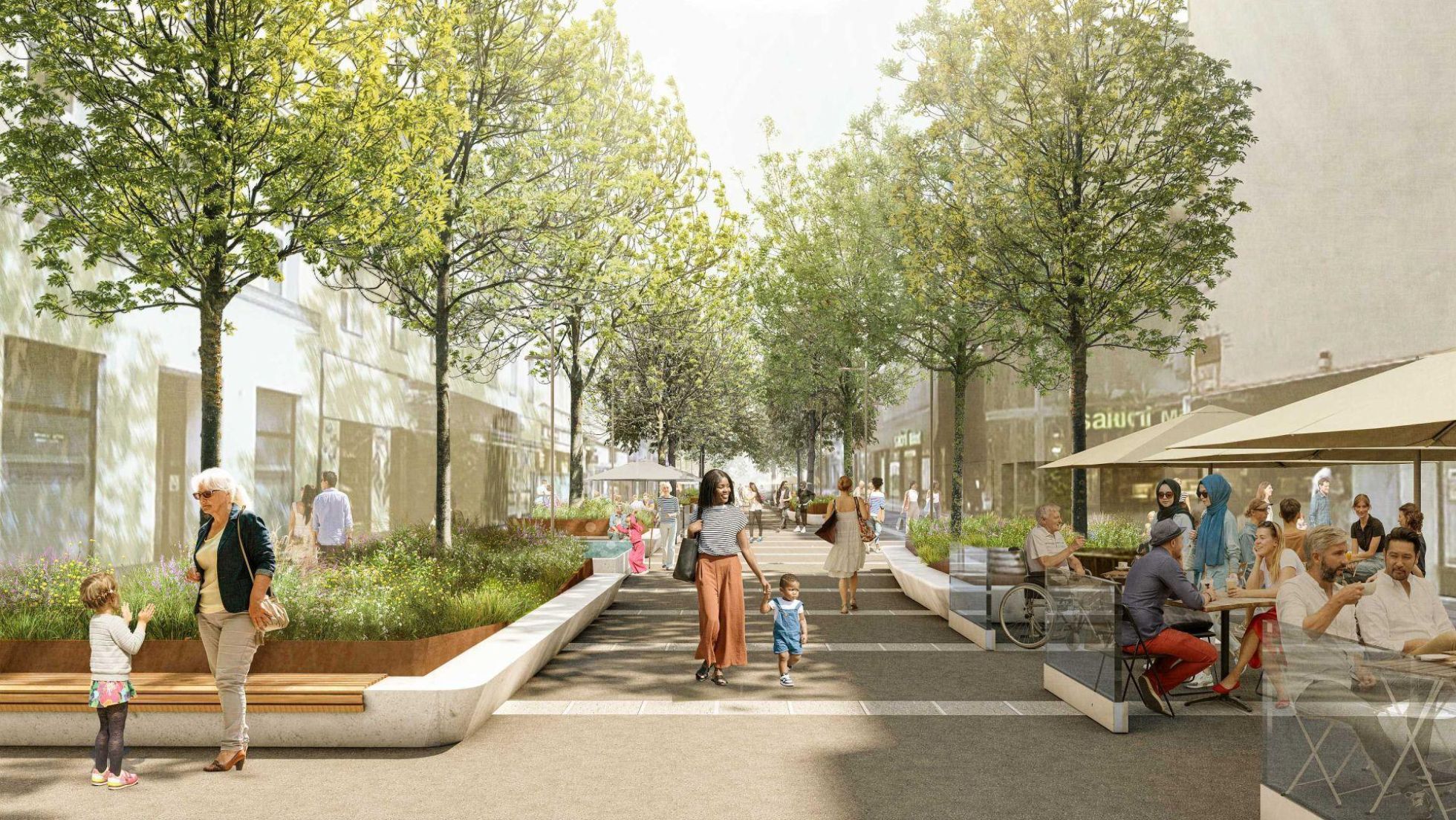 Visualisierung Favoritenstraße mit Beeten, Bäumen und Sitzgelegenheiten