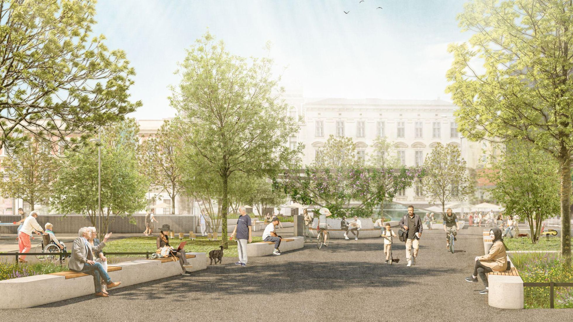 Visualisierung Columbusplatz mit Grünflächen, Bäumen, Sitzgelegenheiten