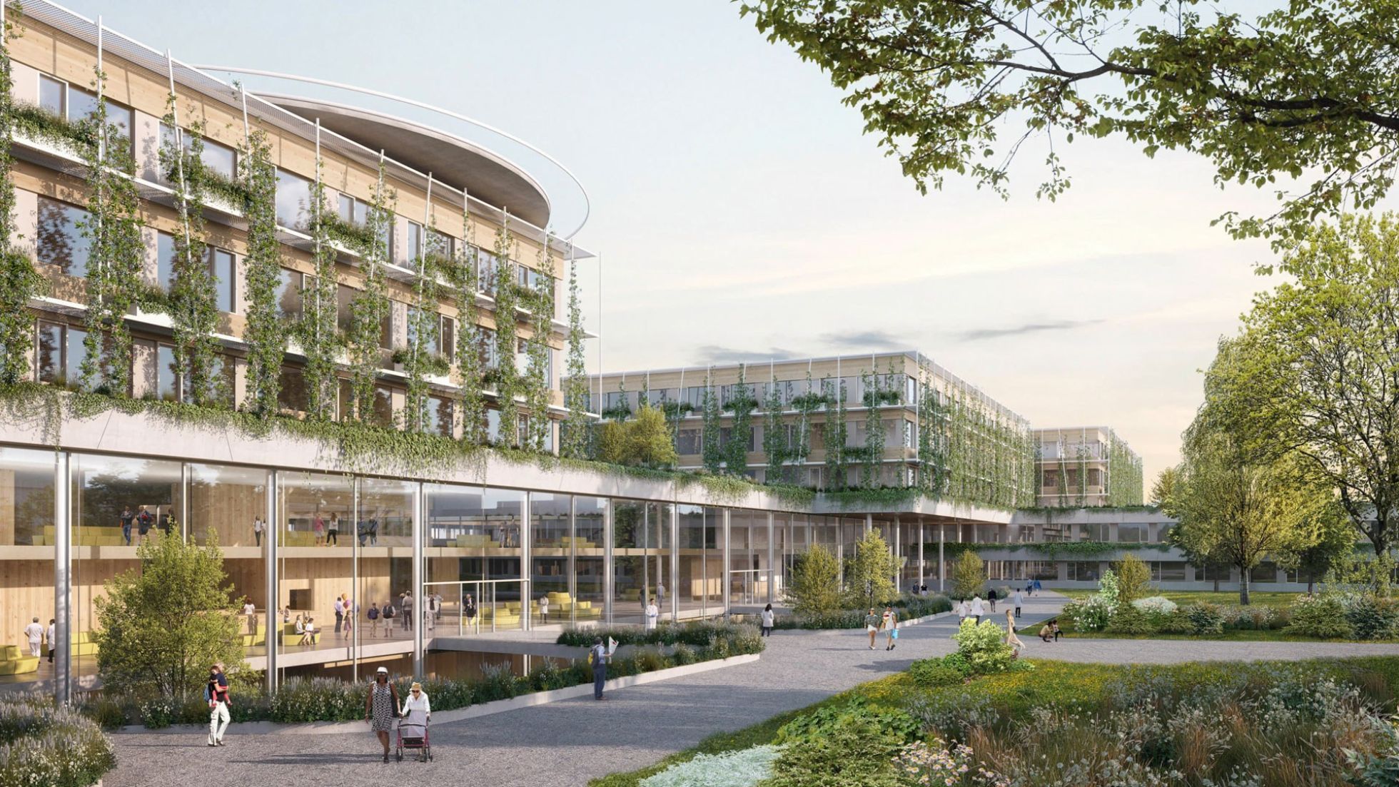 copyright: AHA - Austrian Healthcare Architects Visualisierung der neuen Klinik mit Park und Aufenthaltsbereichen im Grünen