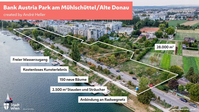 copyright: Gebiet aus der Vogelperspektive mit Eingrenzung und Beschreibung des Projekts in Textfeldern Stadt Wien - Wiener Gewässer (MA 45)