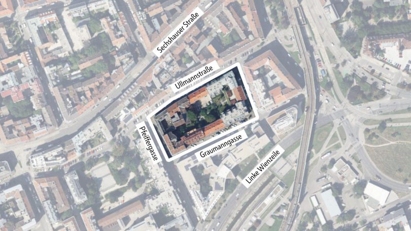 Stadtplanausschnitt mit Linie als Gebietsabgrenzung