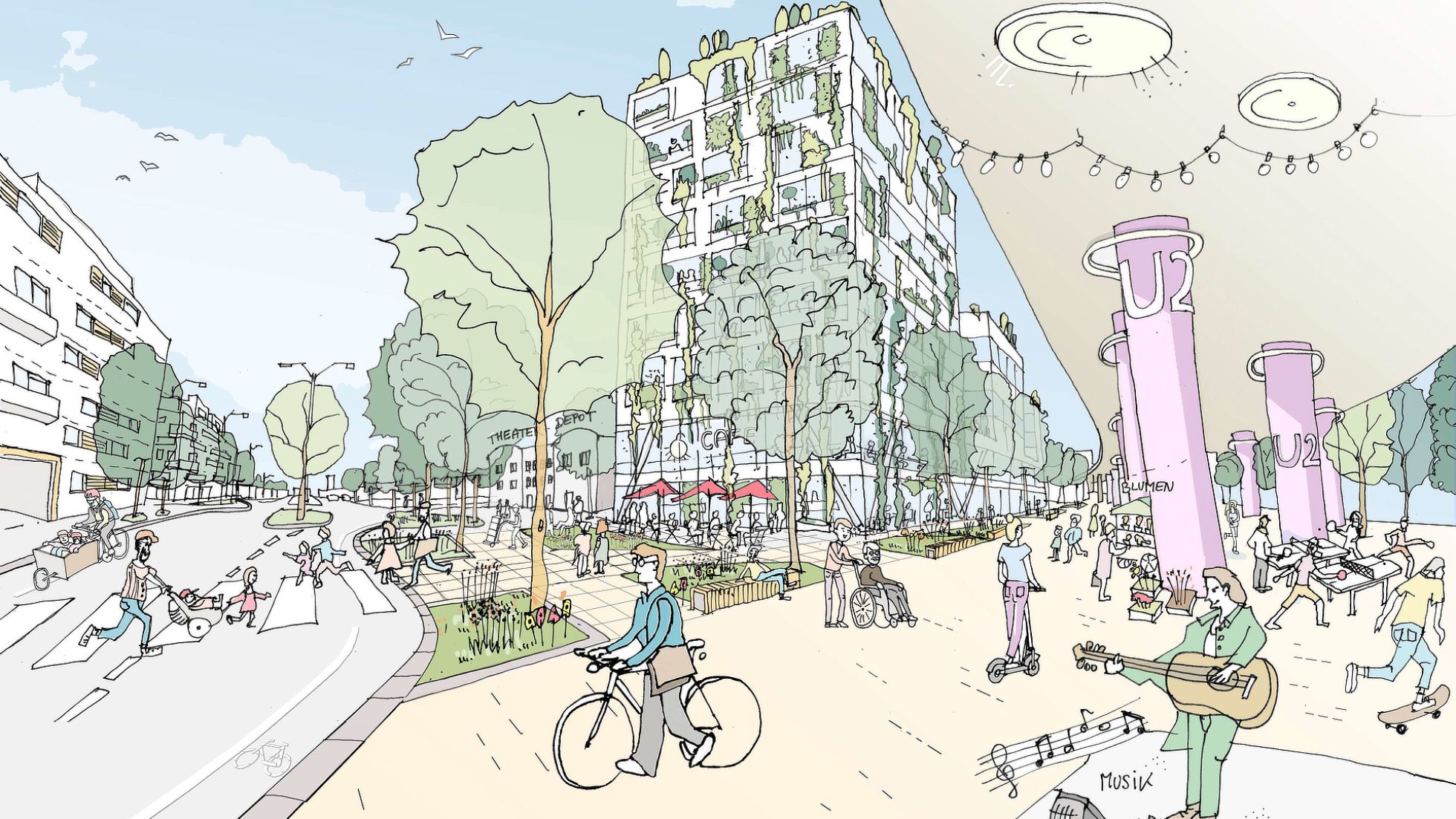 Illustration zeigt Bewohnerinnen in grünem Stadtteil mit Bäumen und Sitzgelegenheiten
